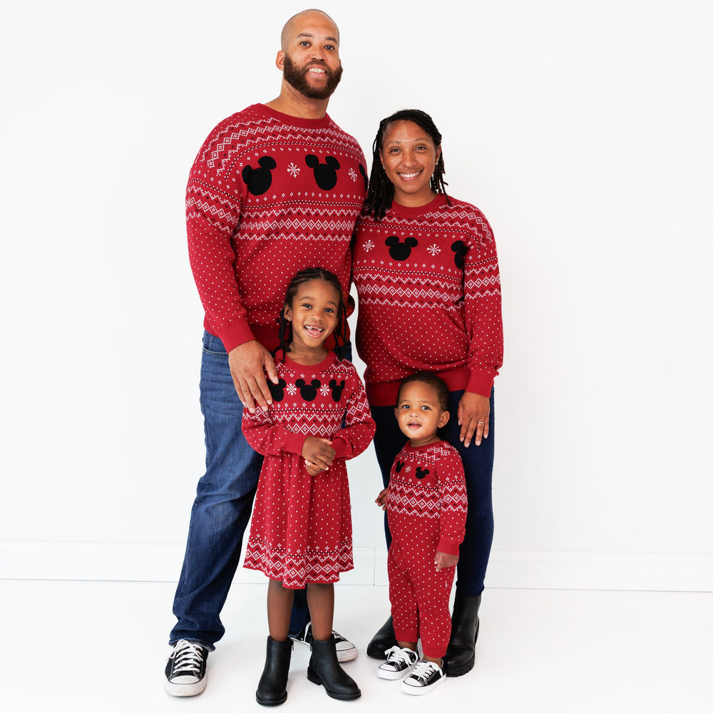 Family of four wearing matching Mickey Fair Isle Play styles