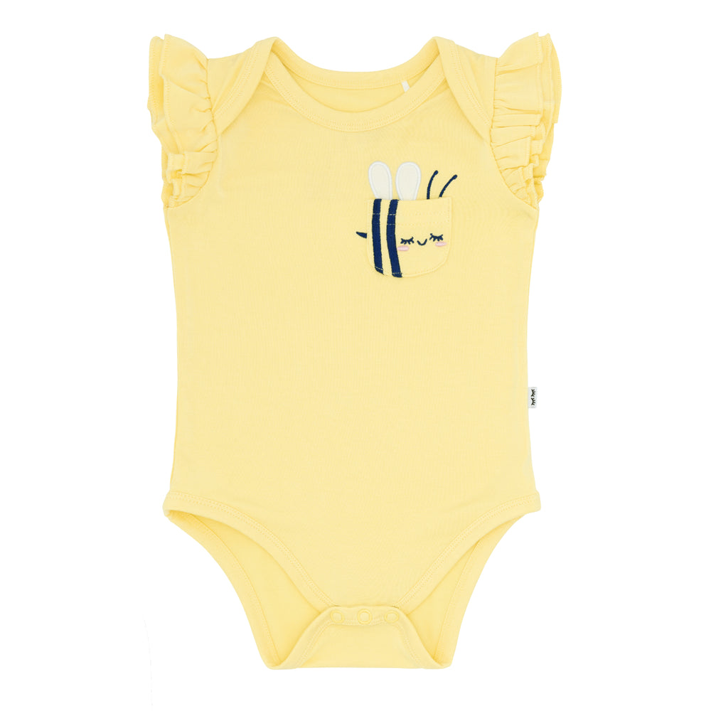 Flat lay image of a Lemon Twist Graphic Flutter Bodysuit