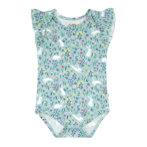 Flat lay image of a Bunny Blossom flutter bodysuit