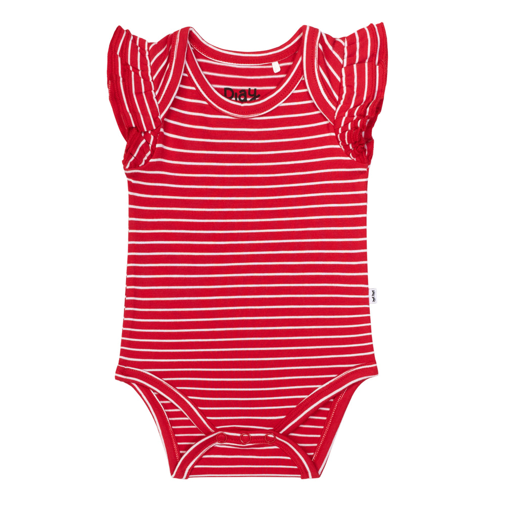 Flat lay image of a Candy Red Stripes flutter bodysuit