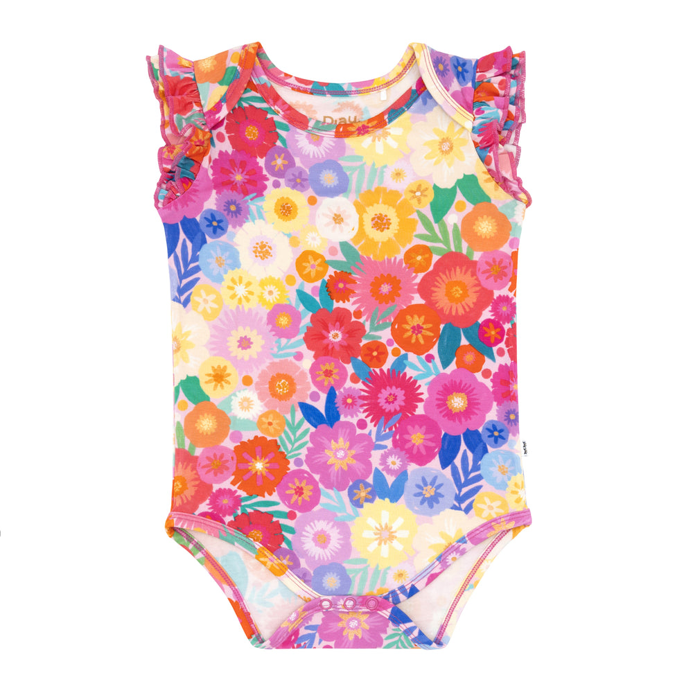 Flat lay image of a Rainbow Blooms flutter bodysuit