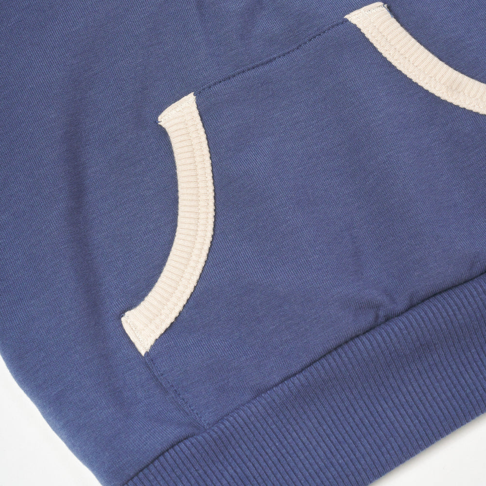 Close up flat lay image of Vintage Navy Henley Hoodie detailing the front pocket