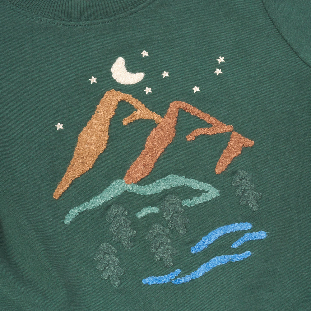 Close up flat lay image of Heritage Green Graphic Crewneck