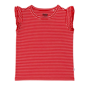 Flat lay image of a Candy Red Stripes flutter tee