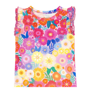 Flat lay image of a Rainbow Blooms flutter tee