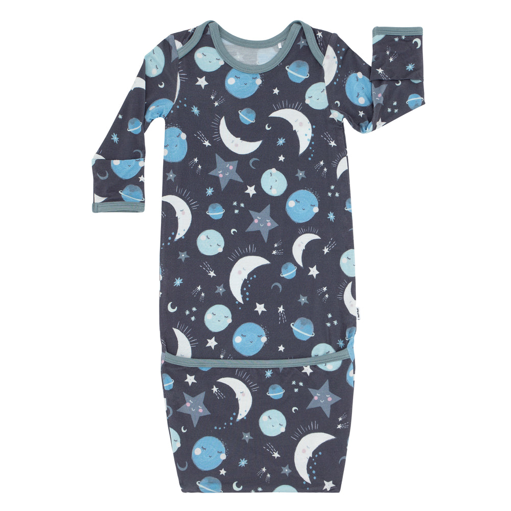 Flat lay image of a Blue to the Moon and Back infant Gown