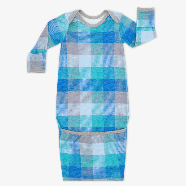 Flat lay image of an Arctic Plaid infant gown