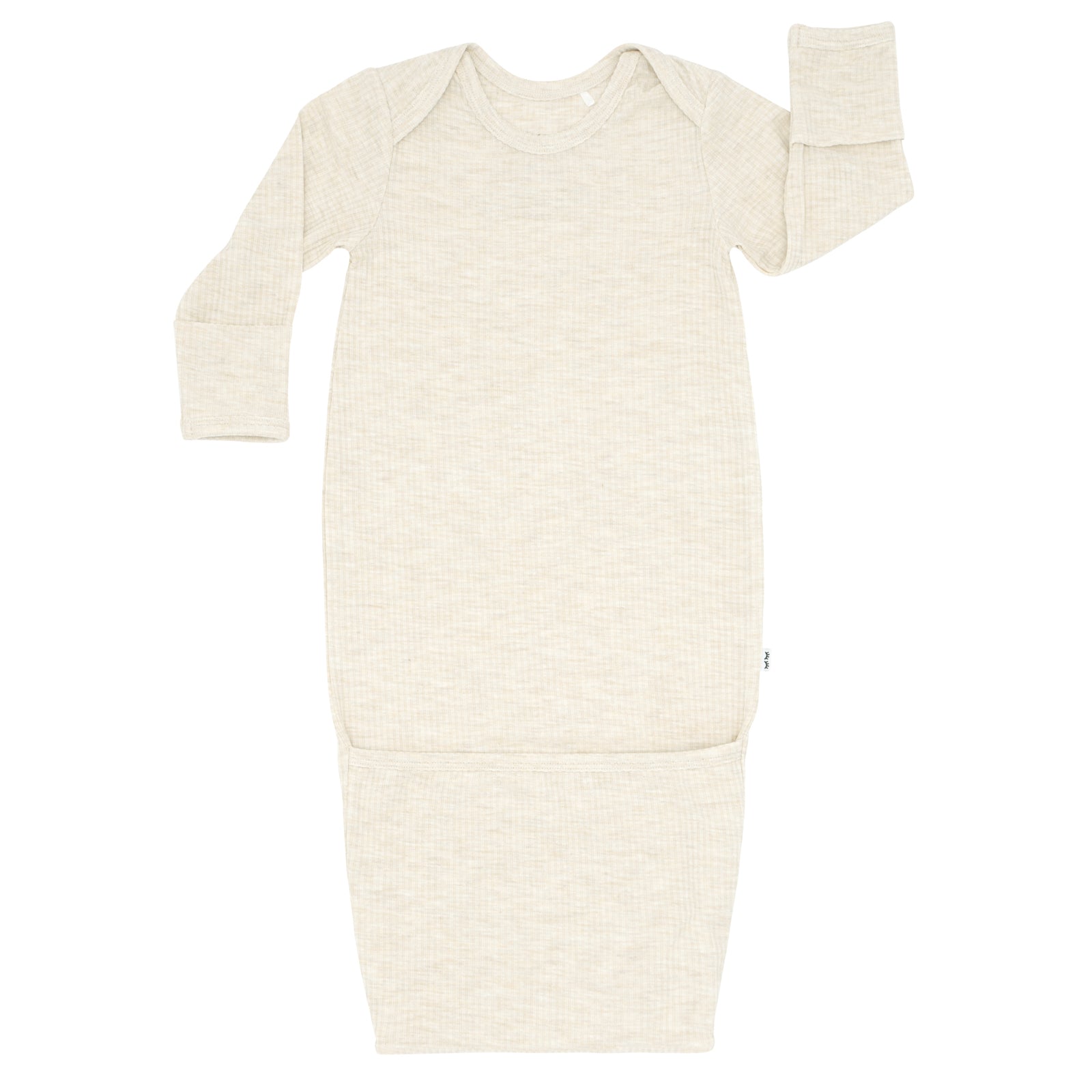 Flat lay image of a Heather Oatmeal Ribbed infant gown