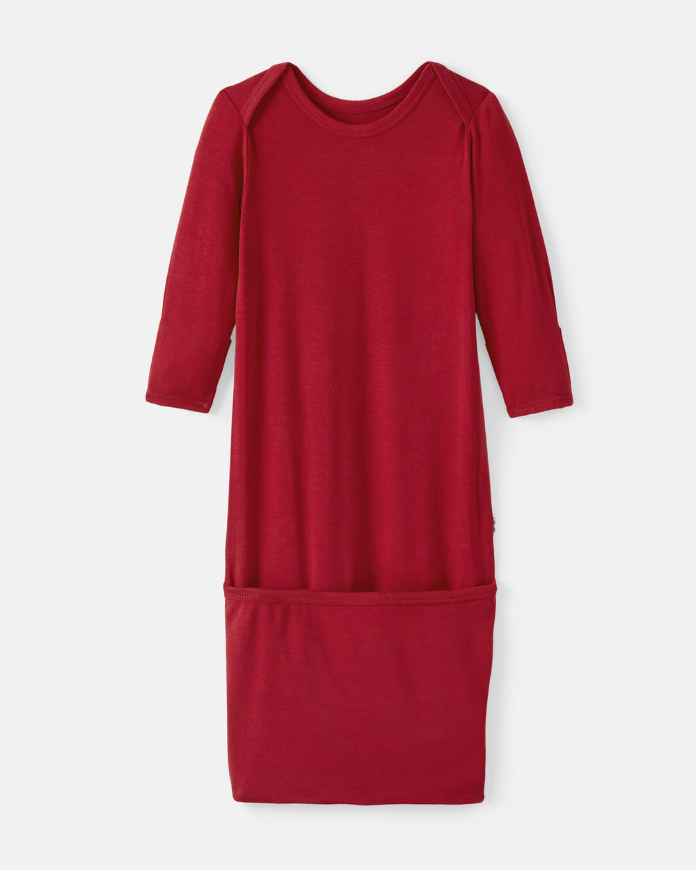 A red long-sleeve baby sleep gown with a crew neck and a large front pocket, shown flat against a light gray background.