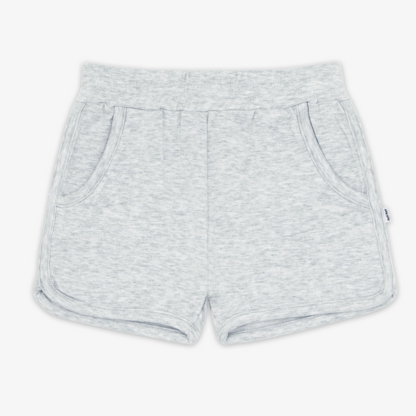 Flat lay image of the Light Heather Gray Dolphin Shorts