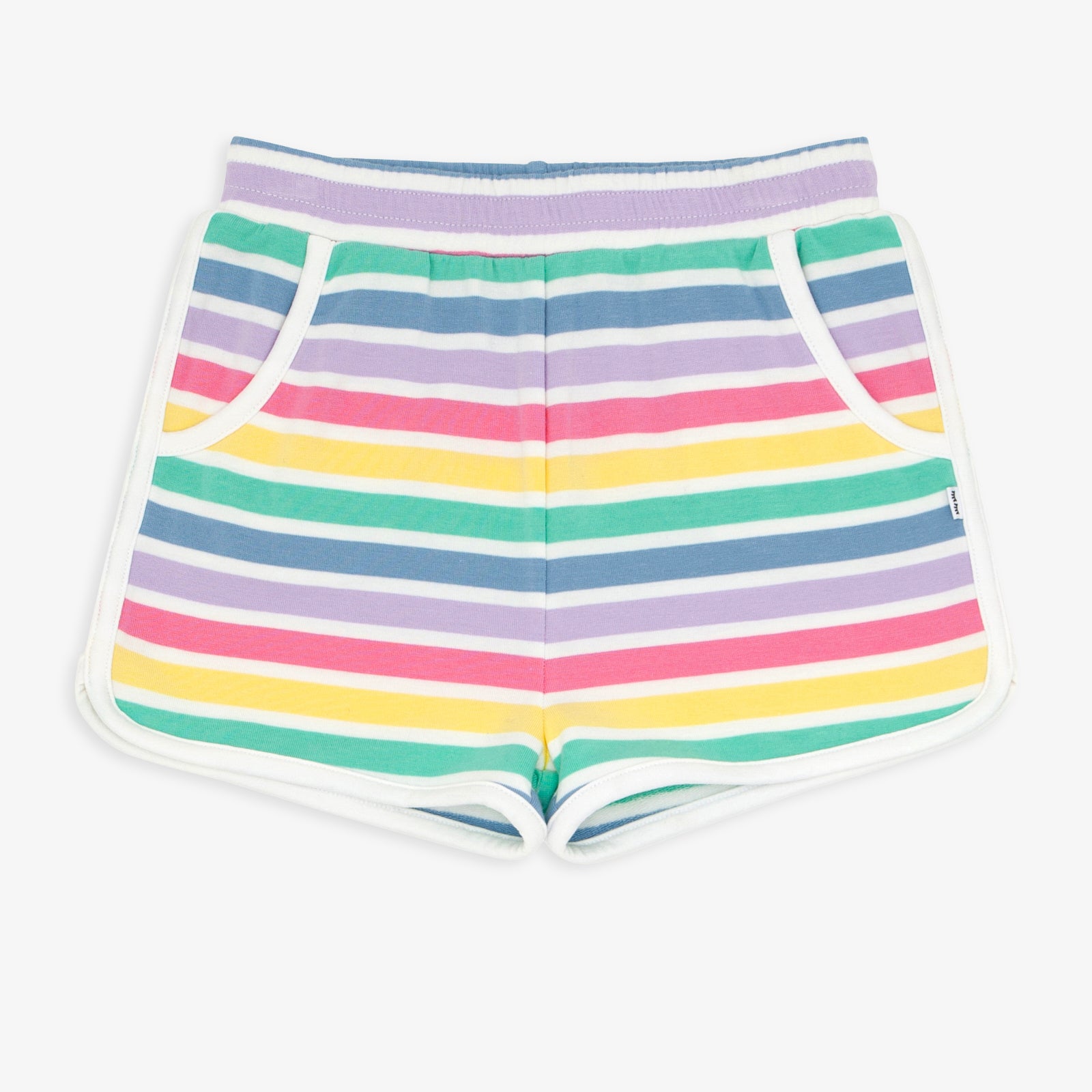 Flat lay image of the Rainbow Stripes Dolphin Shorts