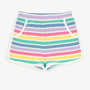 Flat lay image of the Rainbow Stripes Dolphin Shorts