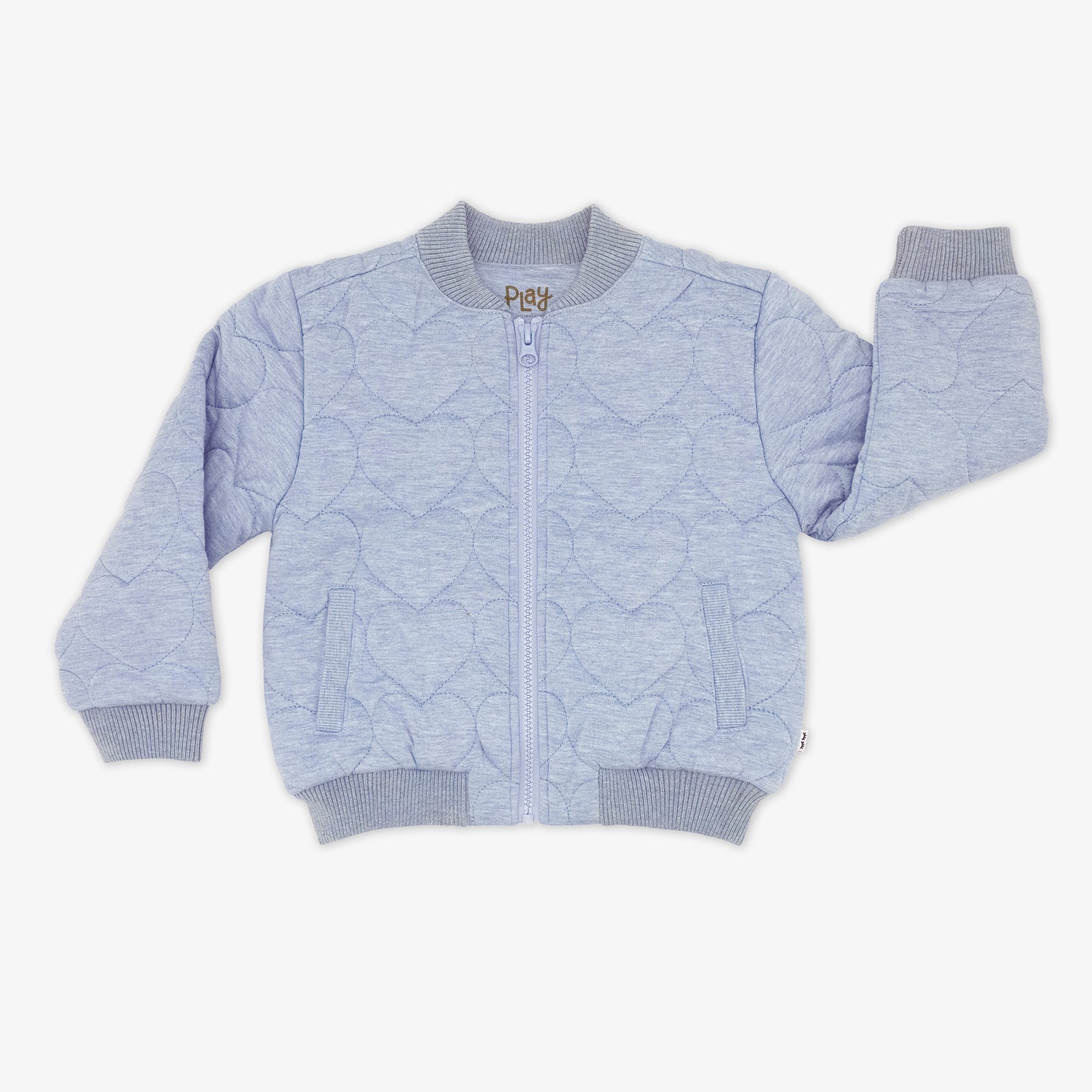 Flat lay of a Light Blue Denim Quilted Varsity Jacket featuring a quilted heart design