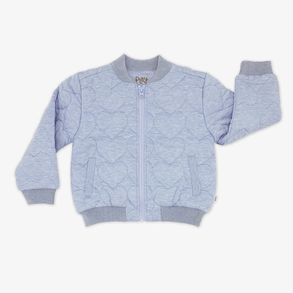 Flat lay of a Light Blue Denim Quilted Varsity Jacket featuring a quilted heart design