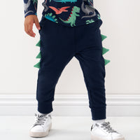 Close up image of a child wearing Dinosaur joggers