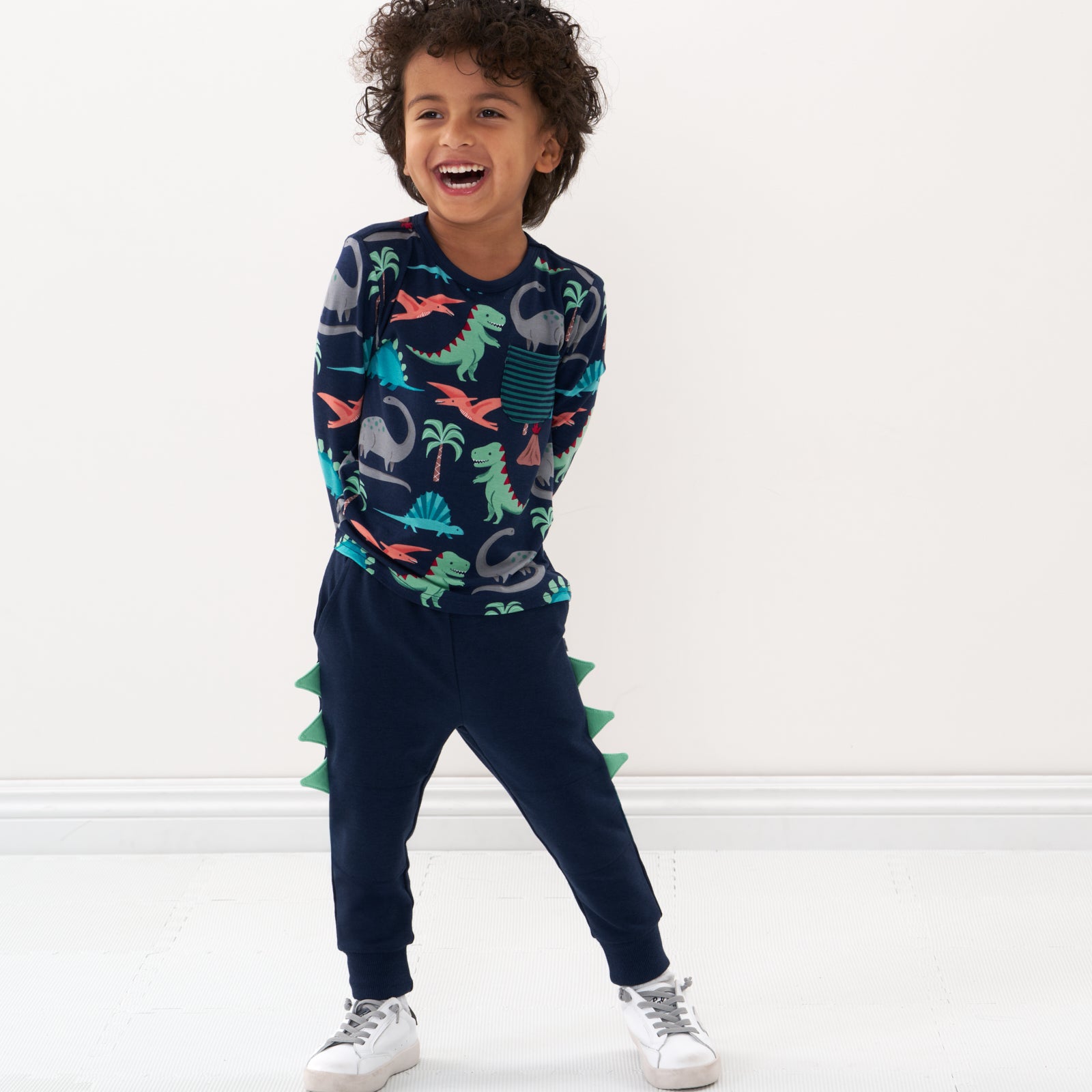 Alternate image of a child wearing Dinosaur joggers and coordinating pocket tee
