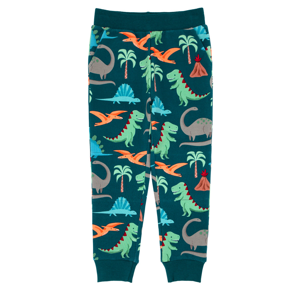 Click to see full screen - Flat lay image of Teal Prehistoric Pals joggers