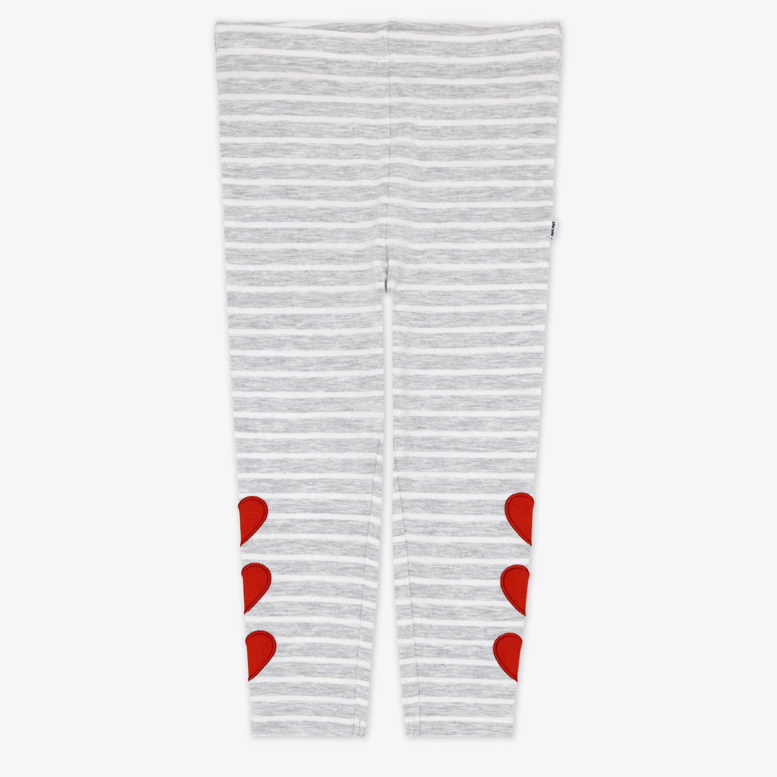 Flat lay of a Heart Patch Legging featuring a heather gray and white stripe pattern and three hearts on the outside bottom of each leg