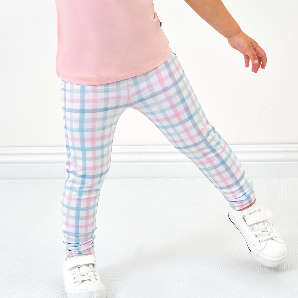 Click to see full screen - Close up image of a child wearing Playful Plaid leggings and coordinating top