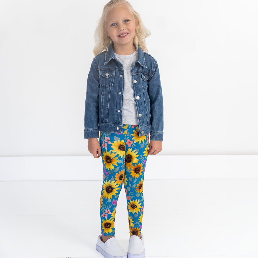 Alternate image of a child wearing Sunflower Fields Leggings, Light Heather Gray Puff Sleeve Tee, and Midwash Blue Denim Trucker Jacket