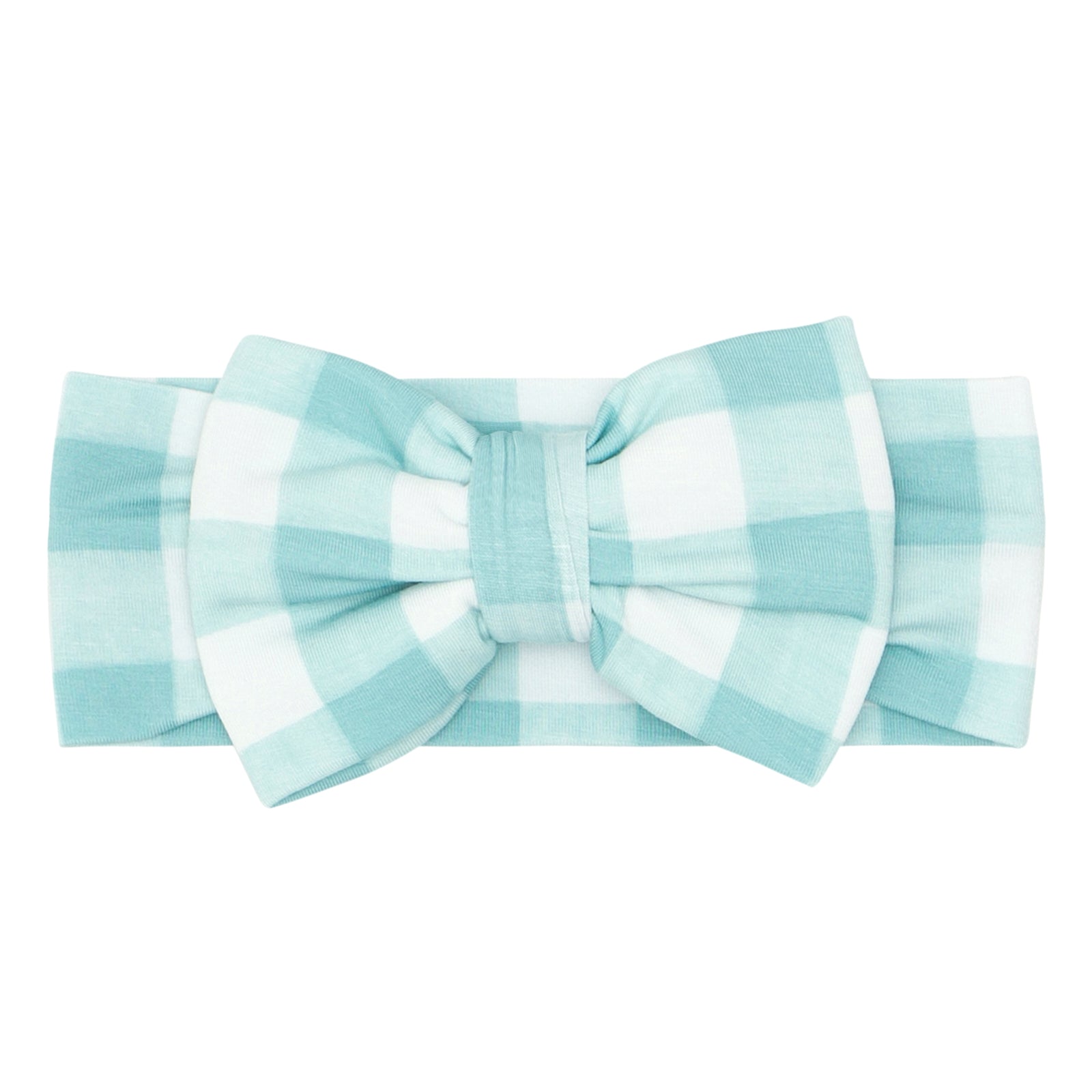 Flat lay image of an Aqua Gingham luxe bow headband in size newborn to age four