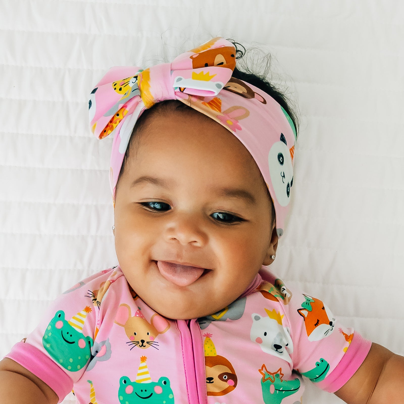 Alternate image of a child wearing a Pink Party Pals luxe bow headband