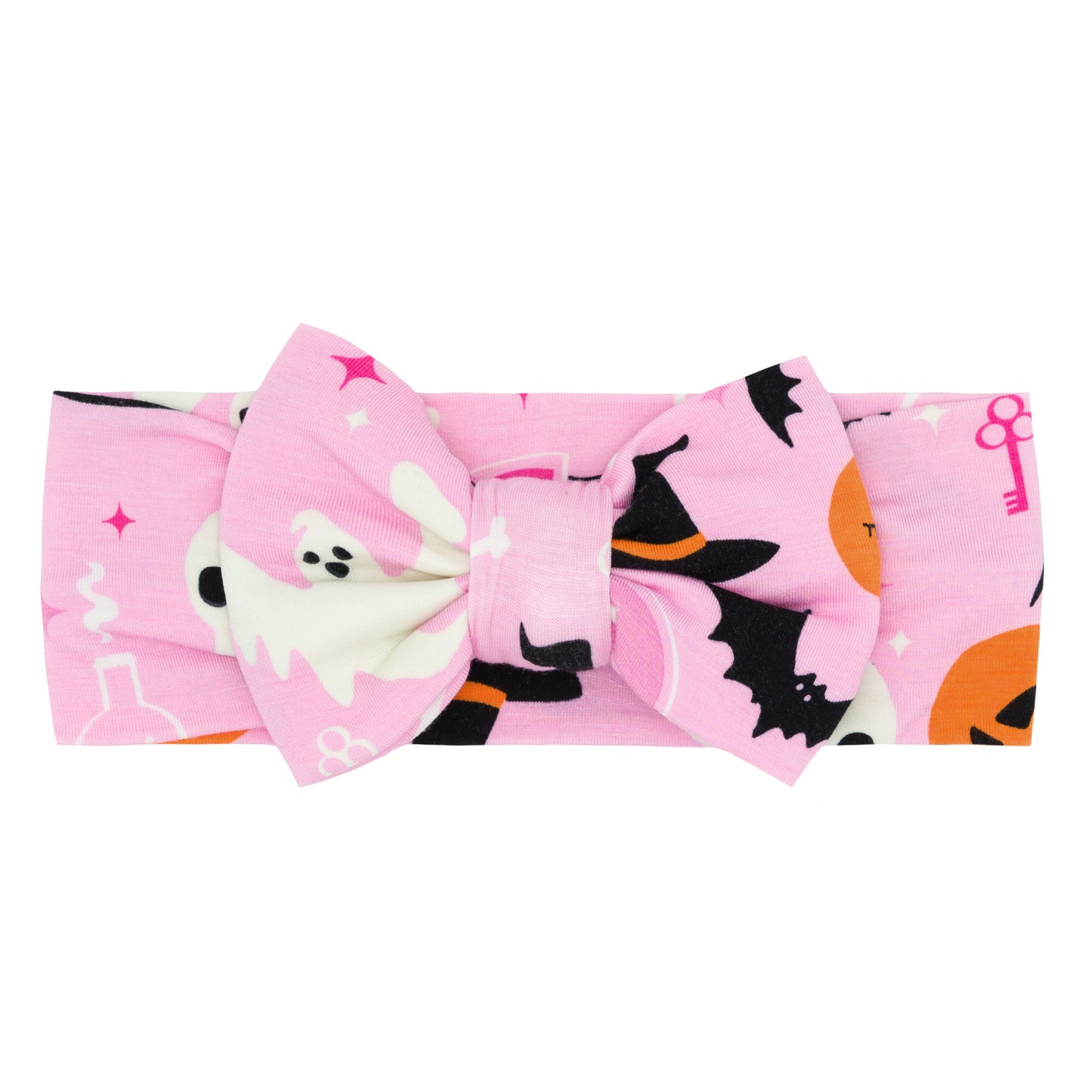 Flat lay image of the Pink Glowing Ghouls Luxe Bow Headband