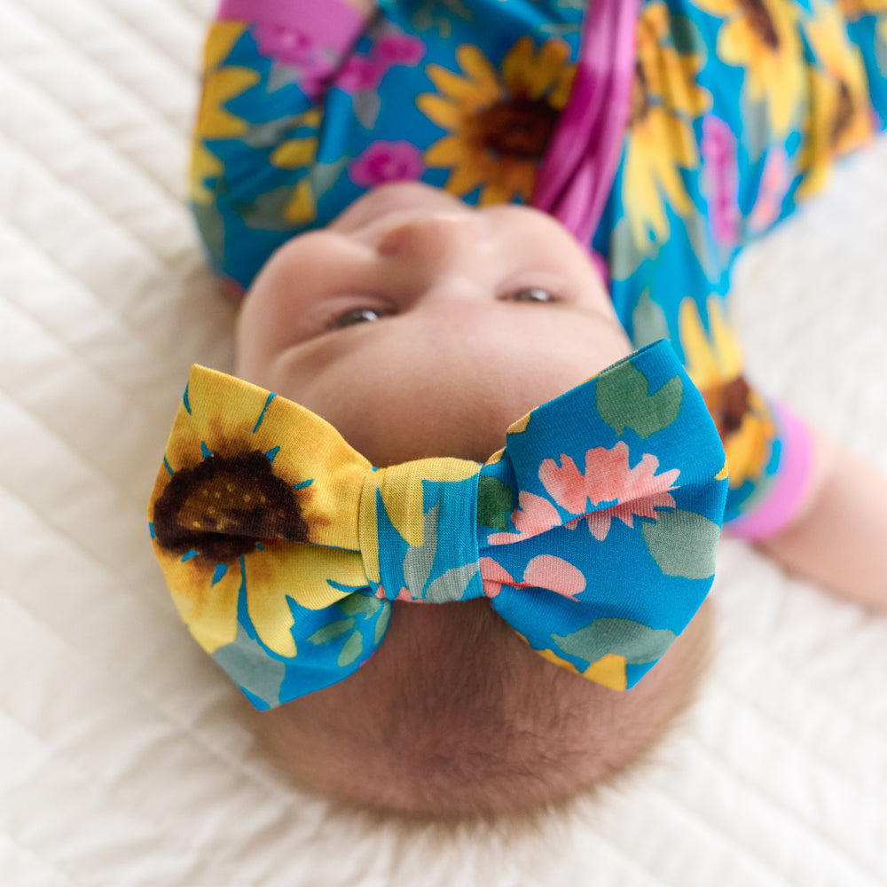 Alternative close up image of baby wearing the Sunflower Fields Luxe Bow Headband