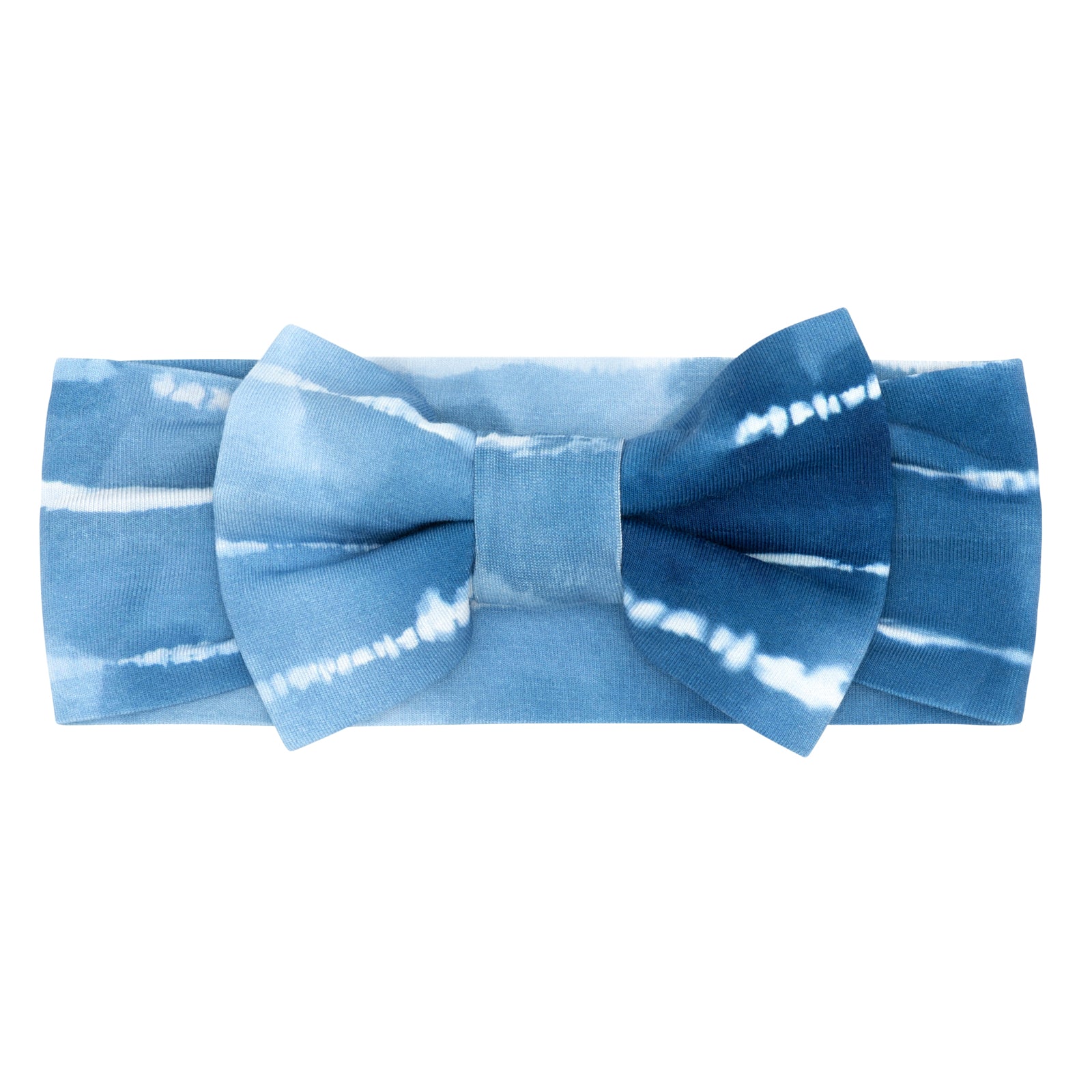 Flat lay image of a Blue Tie Dye Dreams luxe bow headband