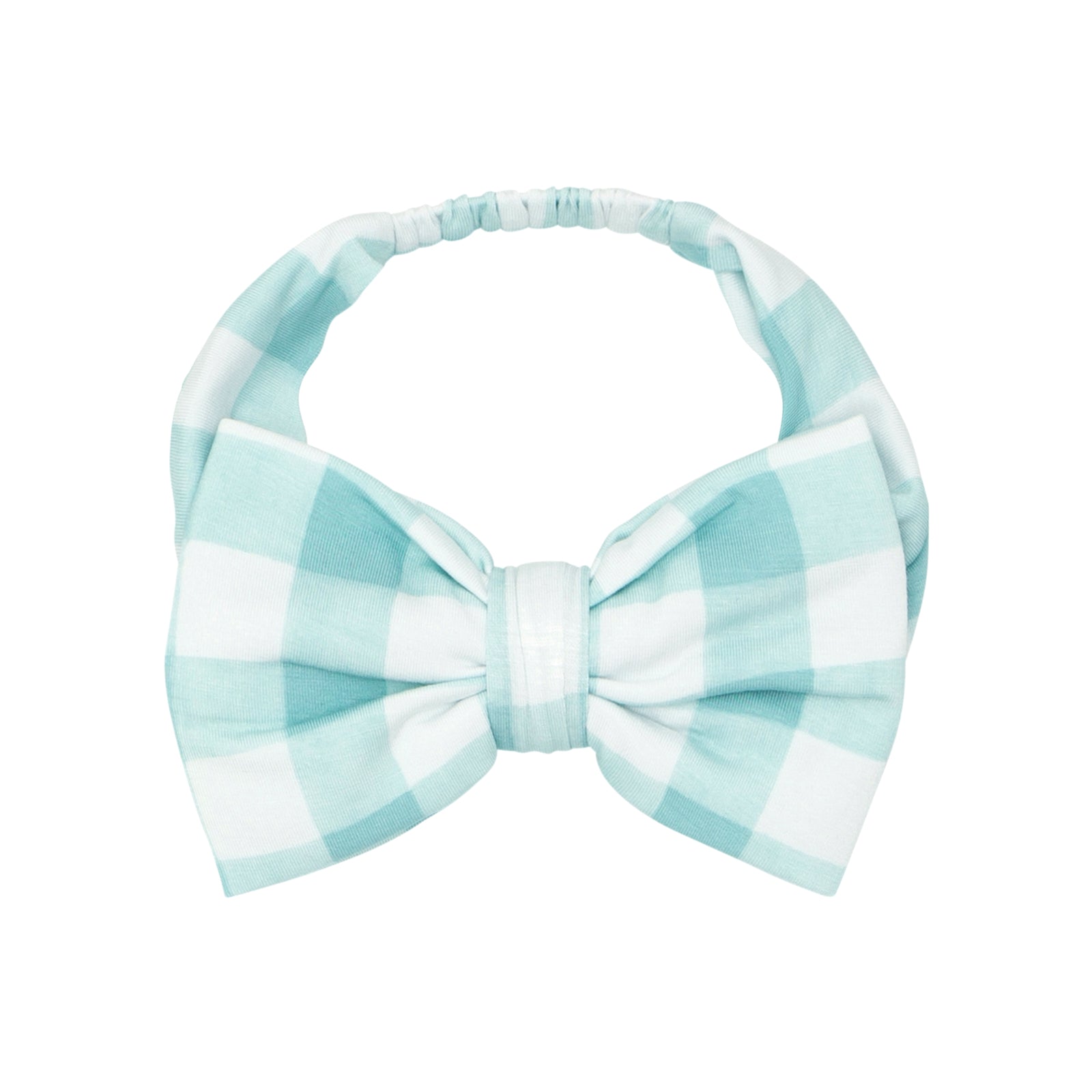 Flat lay image of an Aqua Gingham luxe bow headband in size age four to age 8