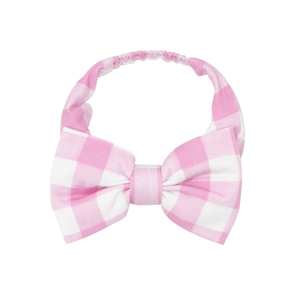 Click to see full screen - Flat lay image of a Pink Gingham luxe bow headband in size age 4 to 8