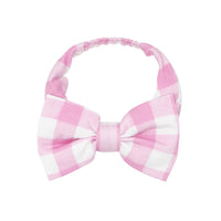 Flat lay image of a Pink Gingham luxe bow headband in size age 4 to 8