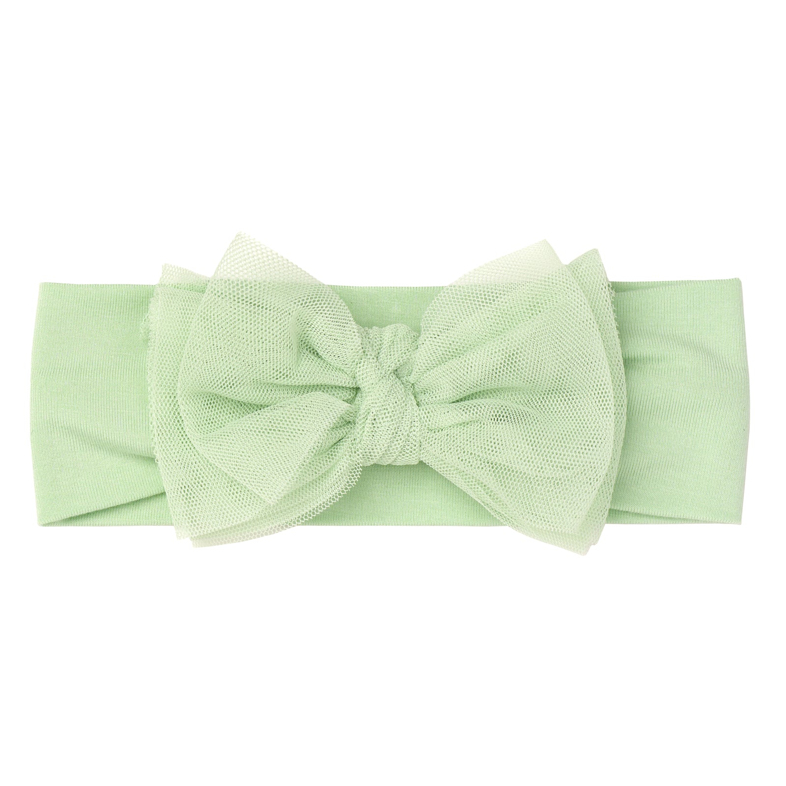 Flat lay image of a Green tulle luxe bow headband