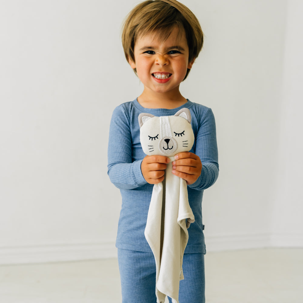 Child wearing a Heather Blue two piece pj set holding up a Clementine the Cat lovey