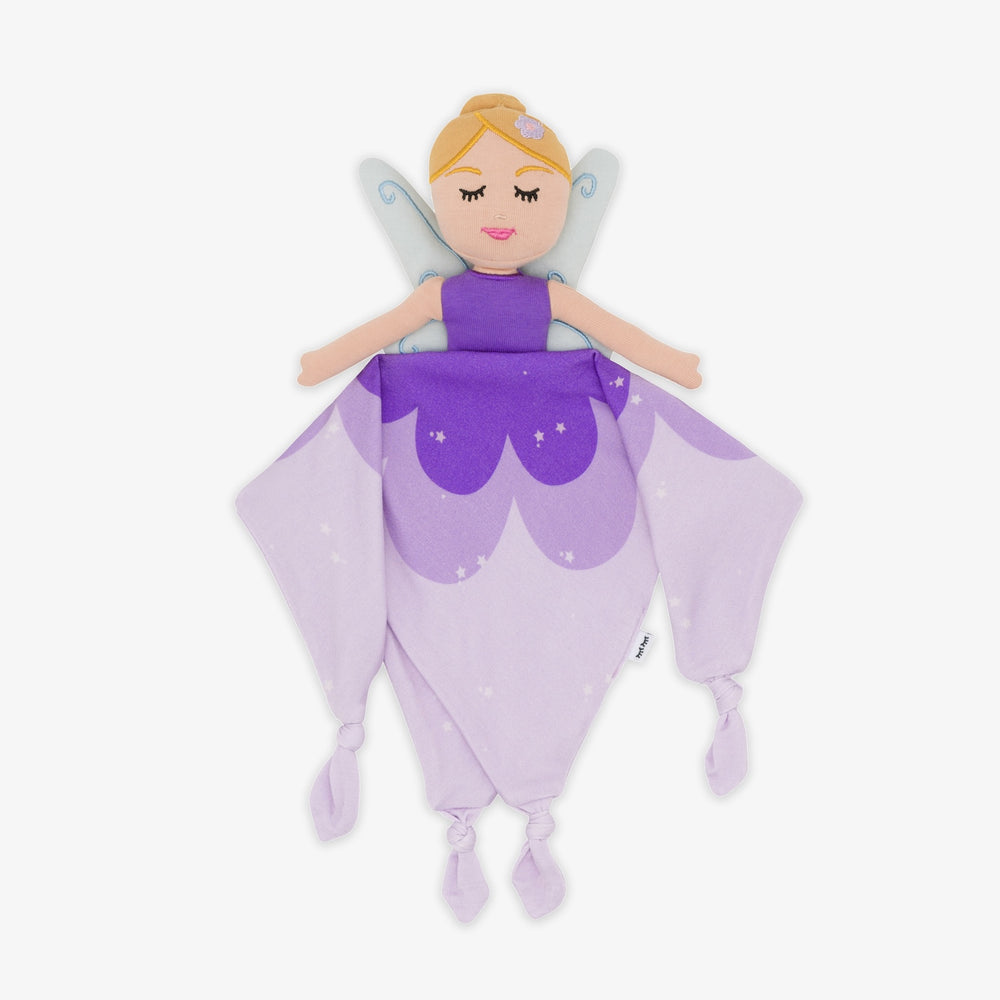 Flat lay image of the Fiona the Purple Fairy Sleepyhead Lovey