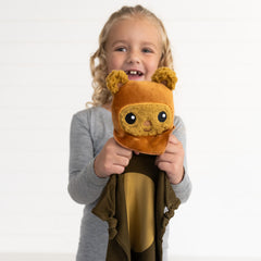 image of a child holding up an Ewok lovey