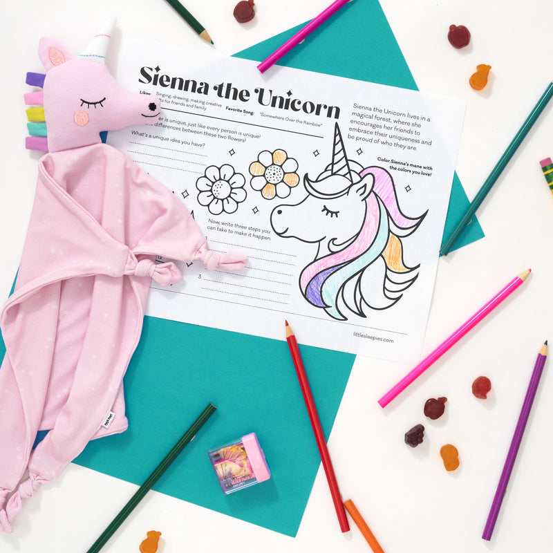 Unicorn lovey with coloring sheet