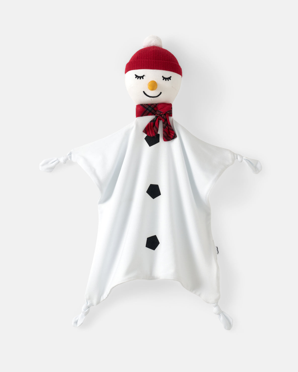 A white ghost-shaped comforter or plush toy with a snowman face, red knit hat, red patterned scarf, and black button details, photographed against a light gray background.