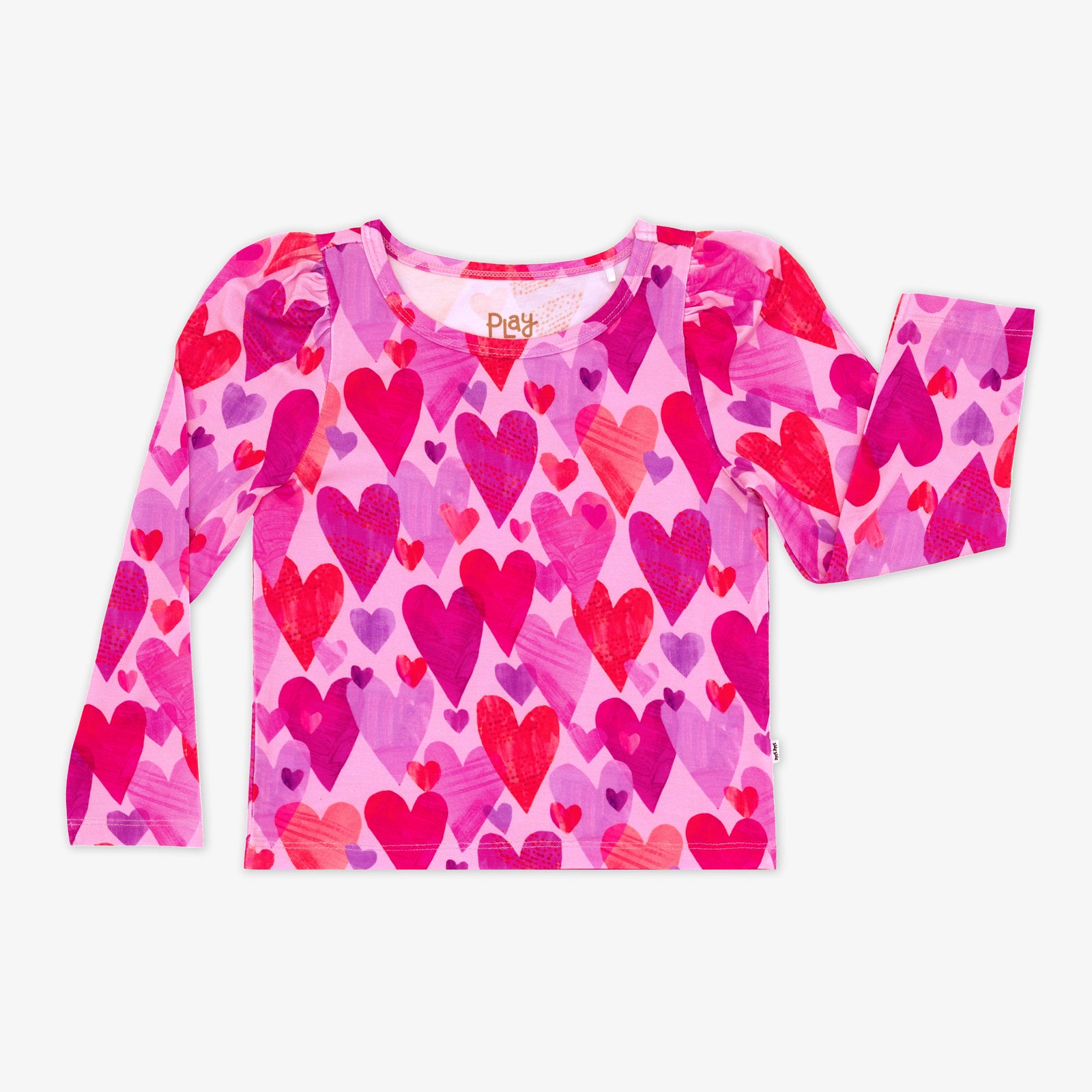 Flat lay of a long sleeve Pink Hearts & Crafts Puff Sleeve Tee