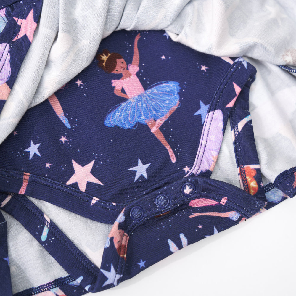 Close up image of the bodysuit on a Twilight Ballet Bow Back Skater Dress with Bodysuit