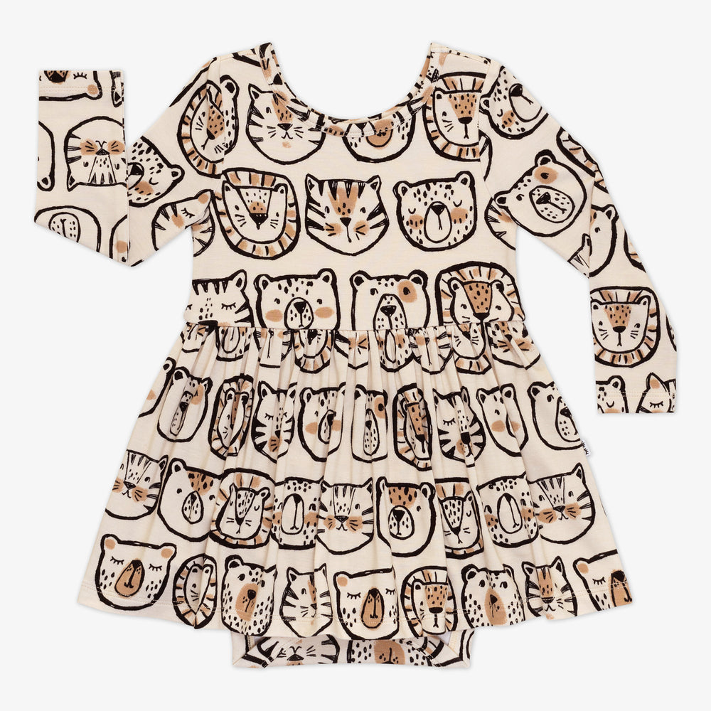 Flat lay of a Lions, Tigers & Bears long sleeve skater dress with bodysuit featuring black and tan animal illustrations