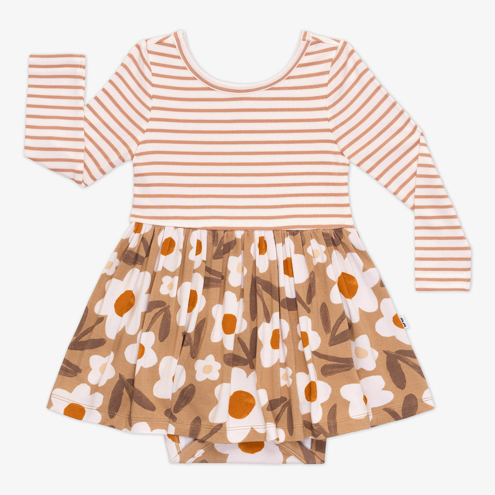 Flat lay of a Daisy Daydream long sleeve twirl dress with bodysuit with a tan stripes top and tan floral skirt and bodysuit