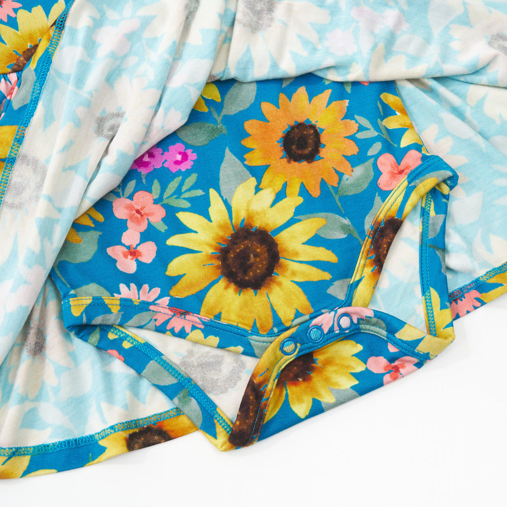 Close up detail shot of a Sunflower Fields Twirl Dress with Bodysuit