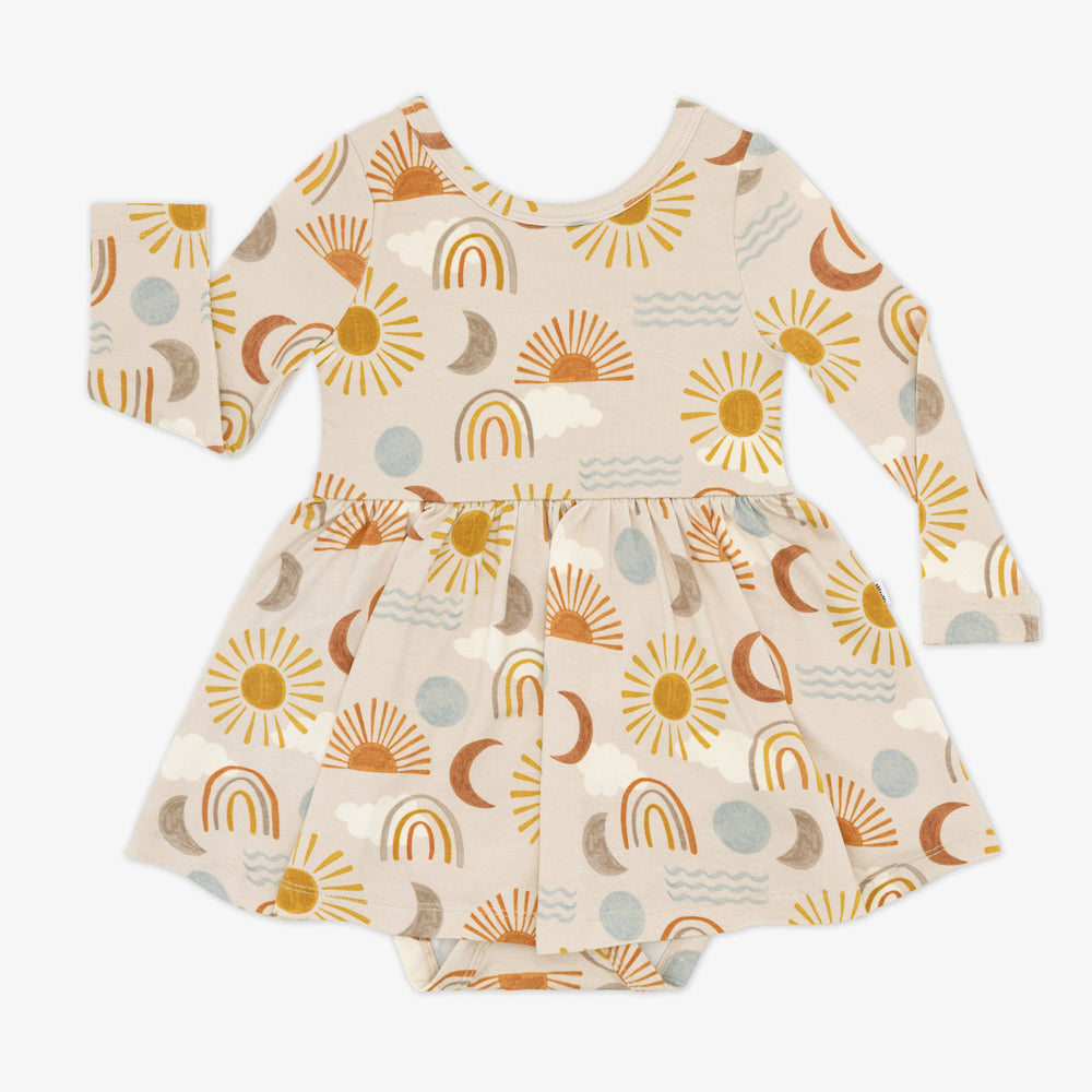 Flat lay image of a Desert Sunrise Twirl Dress with Bodysuit