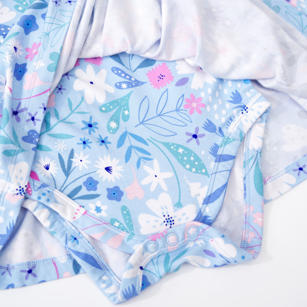 Close up detail of the bodysuit on a Magical Meadow Bow Back Skater Dress with Bodysuit