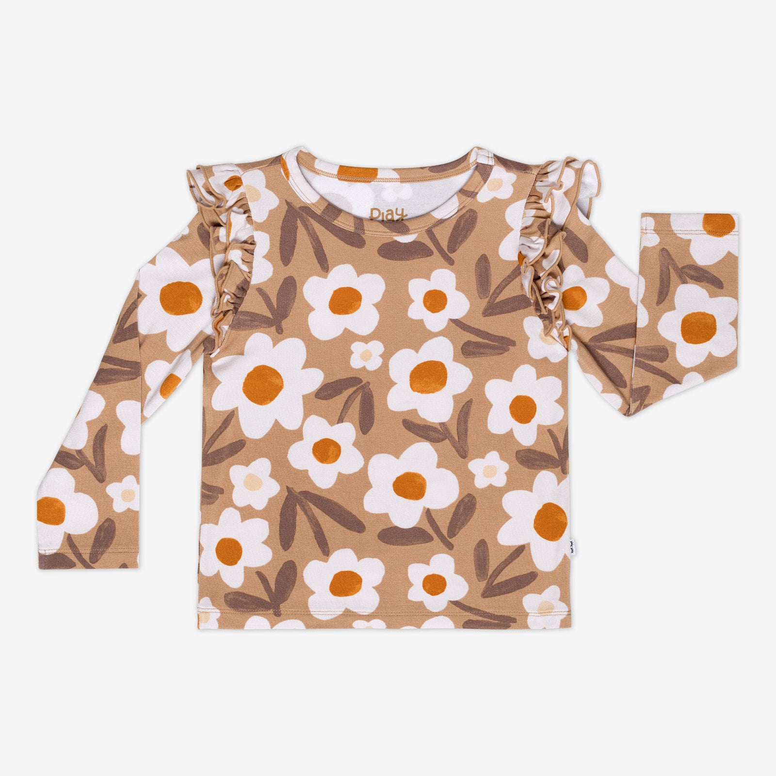 Flat lay of a Daisy Daydream flutter tee featuring ruffle shoulders, long sleeves, and a tan floral design