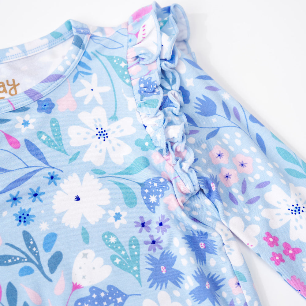 Alternate close up image of a flutter sleeve on a Magical Meadow Bow Back Skater Dress with Bodysuit