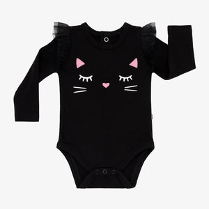 Flat lay image of the Black Cat Graphic Flutter Bodysuit