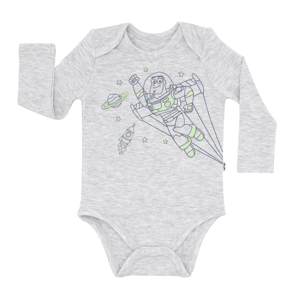 Click to see full screen - Flat lay image of a Disney Pixar Buzz Lightyear graphic bodysuit