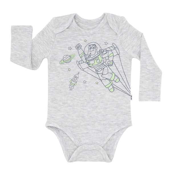 Flat lay image of a Disney Pixar Buzz Lightyear graphic bodysuit